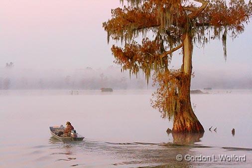 Sunrise Departure_26549.jpg - Fisherman or hunter heading out at daybreak. Photographed at Lake Martin in the Cypress Island Preserve near Breaux Bridge, Louisiana, USA.